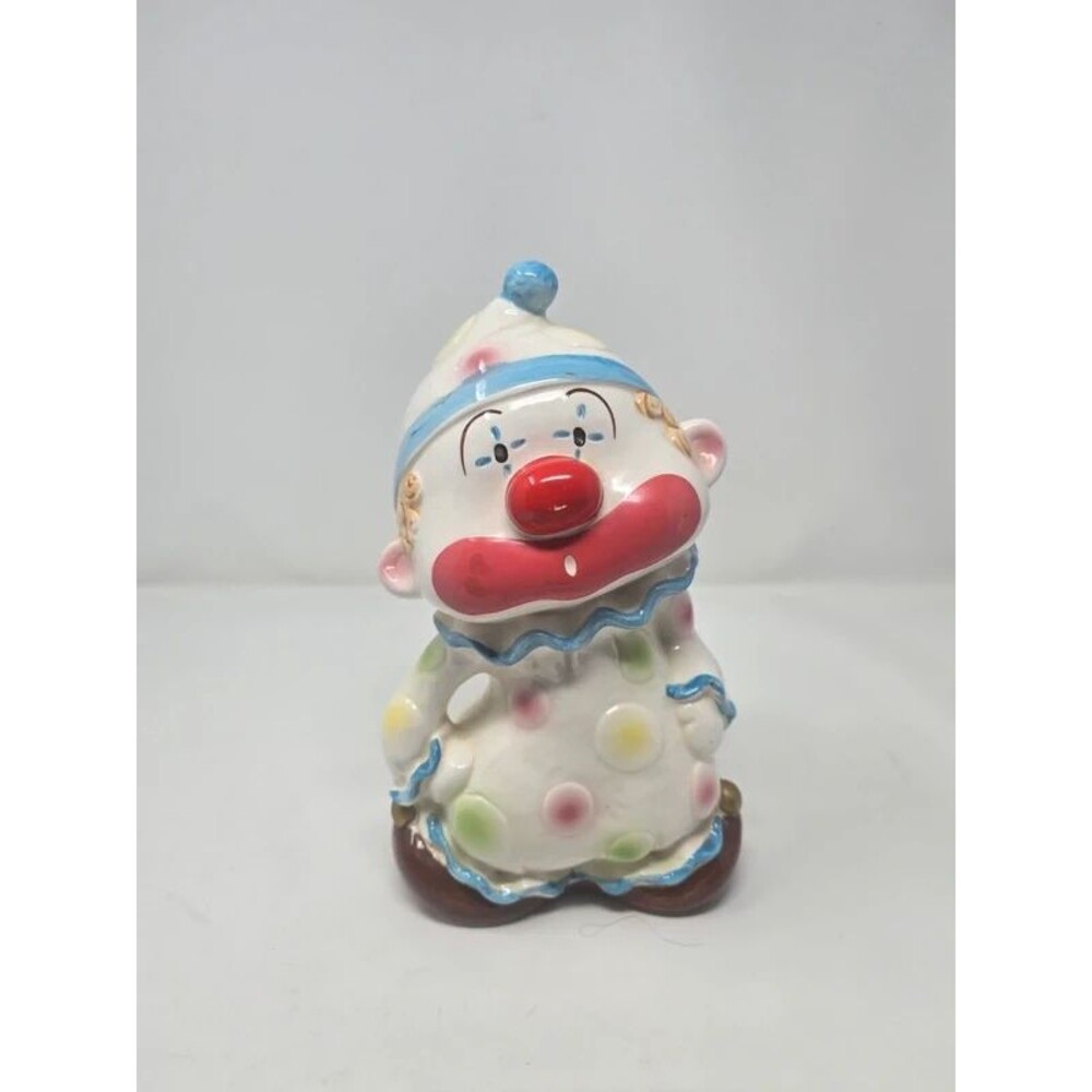 Vintage Lefton Ceramic Clown Piggy Bank – Polka Dot Suit & Stopper Included